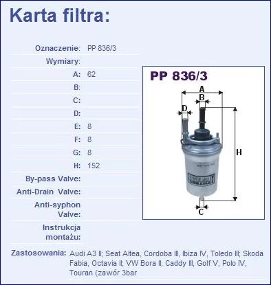 Filtr paliwa - [PP836/3] z zaworem 3 bary